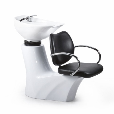 Cadeira de cabeleireiro com lavatório cerâmico branco e assento preto acolchoado