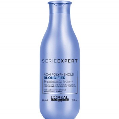 Frasco azul metalizado de acondicionador para cabelo loiro L'ORÉAL SERIE EXPERT BLONDFIER
