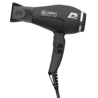 Secador de cabelo preto com texto e logótipo branco