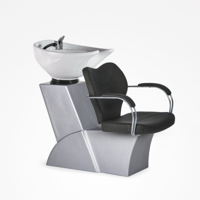 cadeira de salão com lavatório cerâmico branco e base cinza metálico