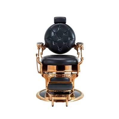 Cadeira de barbeiro preta com estrutura dourada e encosto redondo