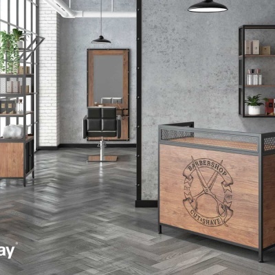 Mostrador de receção para barbearia com logótipo em ambiente de salão moderno