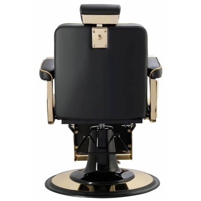Cadeira de barbeiro preta com detalhes em dourado e base circular