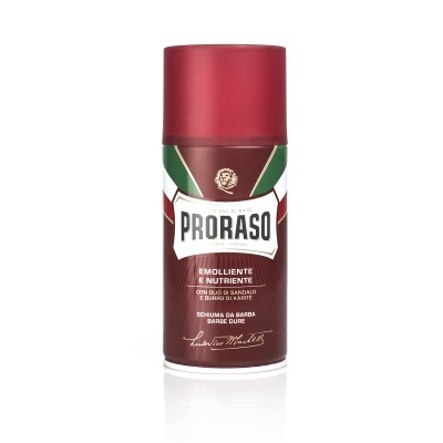 Frasco de espuma de barbear Proraso com tampa vermelha e rótulo colorido