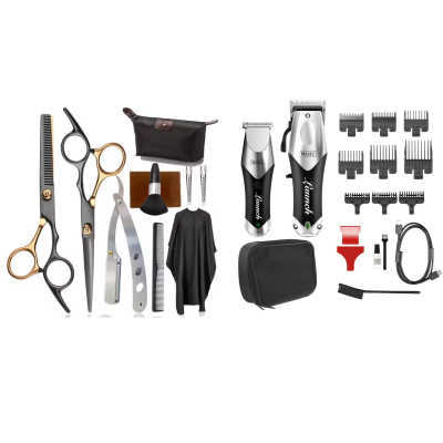 Kit completo de barbeiro com máquinas WAHL, tesouras, pentes, capeia e acessórios em fundo branco