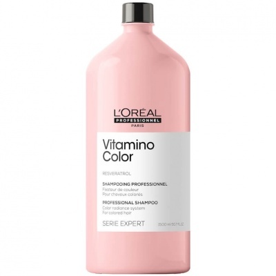 Frasco rosa de champô L'Oréal Vitamino Color para cabelos coloridos