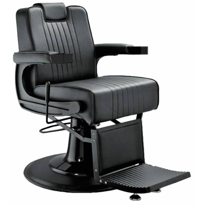 Cadeira de barbeiro preta com apoio de braços e base redonda.
