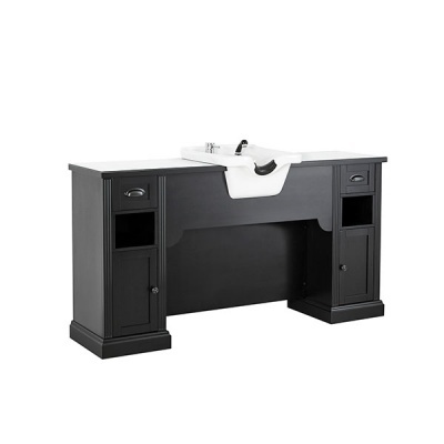 Móvel de lavatório preto com tampo branco e cuba integrada
