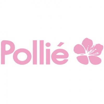 Logotipo Pollié em rosa com flor estilizada