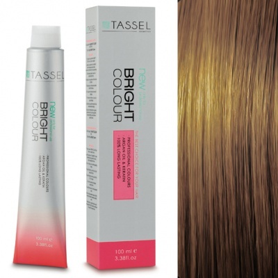 Produto de coloração de cabelo TASSEL com embalagem e caixa ao lado de mecha de cabelo castanho