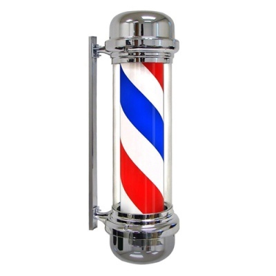 Barbeador de parede cromado com padrão espiral vermelho, branco e azul