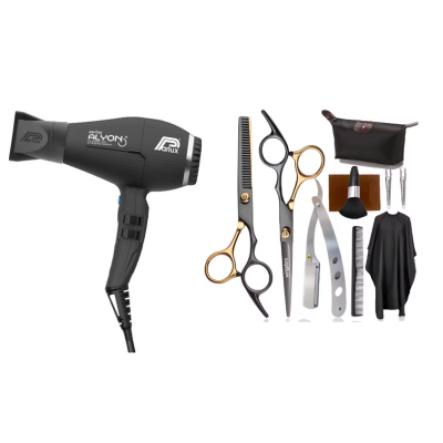 Conjunto de ferramentas de cabeleireiro com secador preto e acessórios vários