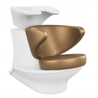 Cadeira de cabeleireiro dourada com suporte branco e lava-cabeças