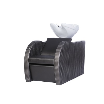 Cadeira de lavagem de cabelo preta com cuba branca e braços com padrão de pontos