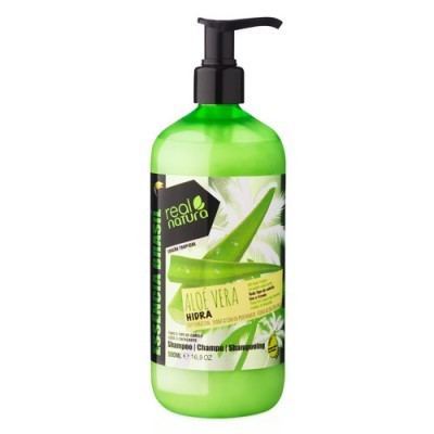 Frasco verde de champô Real Natura Aloé Vera Hidra com doseador preto