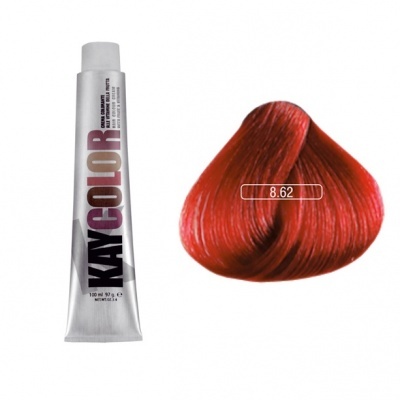 Tubo de tinta para cabelo prateado e amostra de cabelo vermelho código 8.62