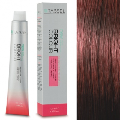 Tubo e caixa de tinta de cabelo TASSEL Bright Colour com amostra de cabelo castanho avermelhado