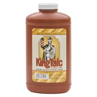 Frasco grande de pó King Talc castanho com rótulo de barbeiro clássico