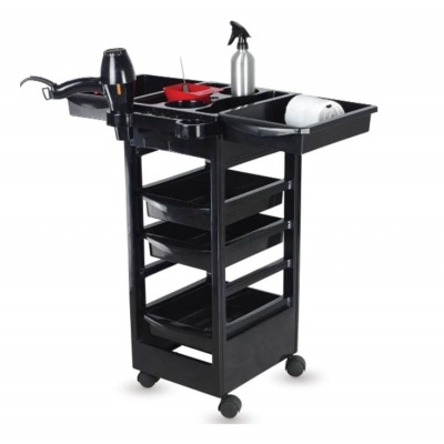 Carrinho organizador preto para salão de beleza com acessórios