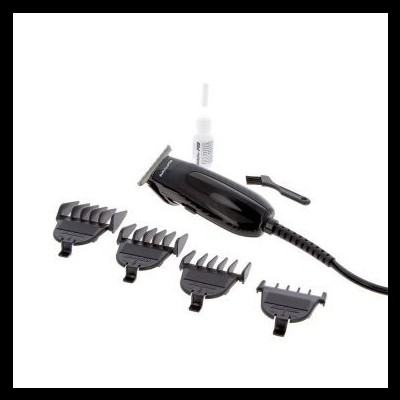 Máquina de cortar cabelo preta com acessórios e solução lubrificante