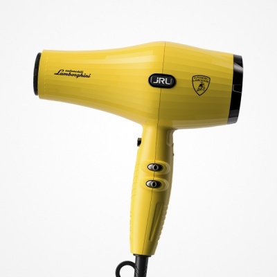 Secador de cabelo amarelo com logótipos Lamborghini