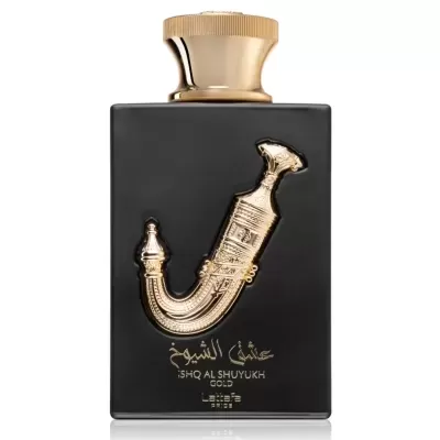 Frasco de perfume preto com tampa dourada e decoração dourada