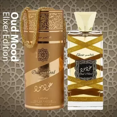 Frasco e estojo de perfume Lattafa Oud Mood Elixer Edition dourados com detalhes em preto