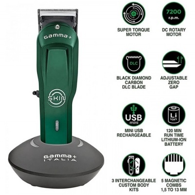 Aparelho de barbear elétrico Gamma+ verde com base de carregamento cinza e ícones de características técnicas