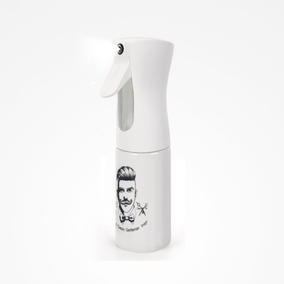 Pulverizador branco para cabeleireiro com desenho de homem e texto em preto