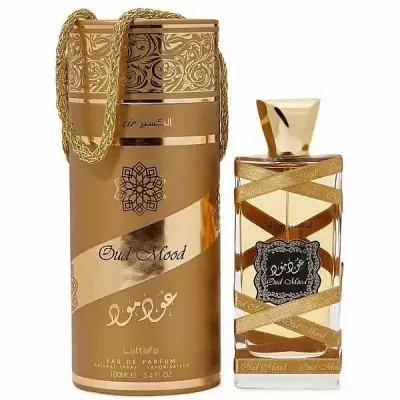 Perfume Oud Mood Lattafa com embalagem dourada decorativa