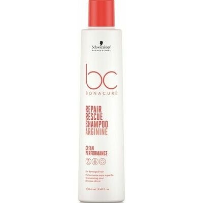Frasco branco e vermelho de champô Schwarzkopf Professional BC Bonacure Repair Rescue Shampoo Arginine