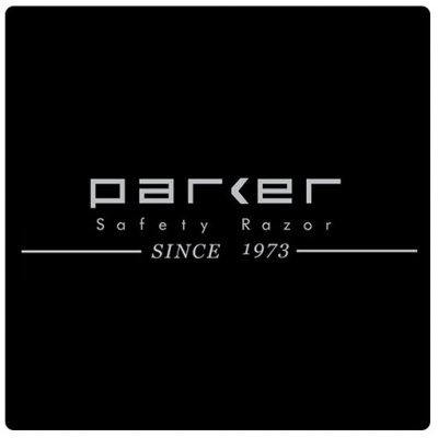 Logótipo branco 'parker Safety Razor SINCE 1973' em fundo preto