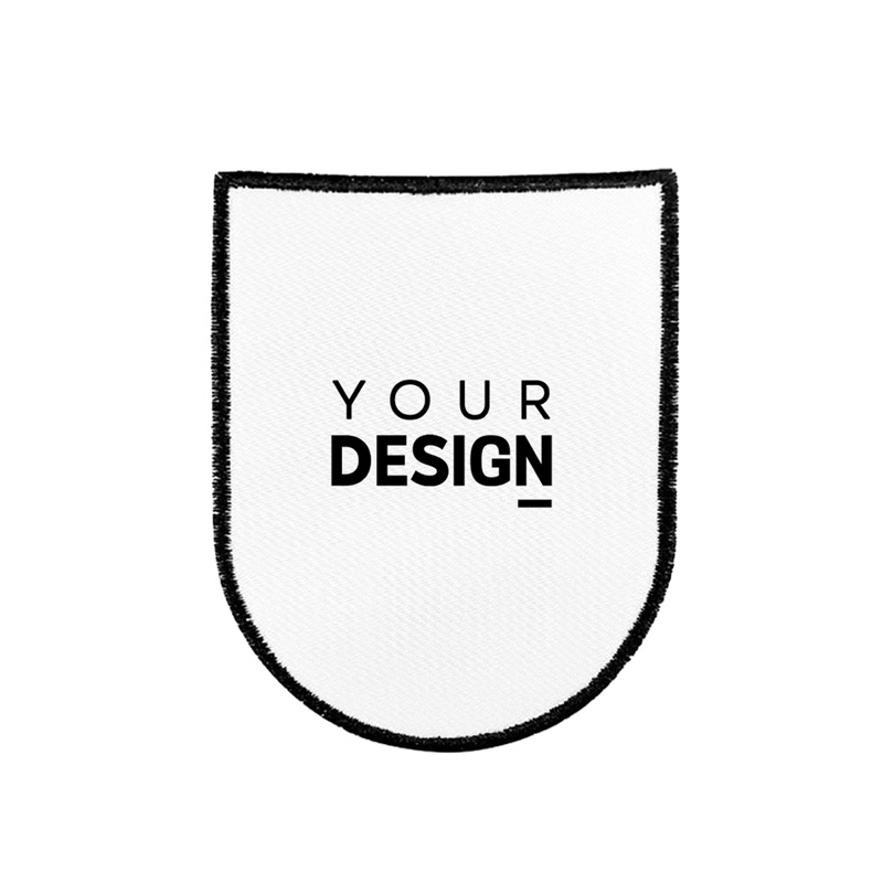 Etiqueta tecido branca formato escudo com texto preto