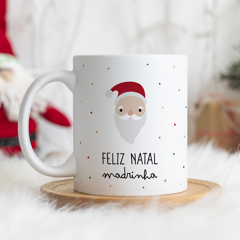 Caneca branca com desenho do Pai Natal e texto 'FELIZ NATAL madrinha'