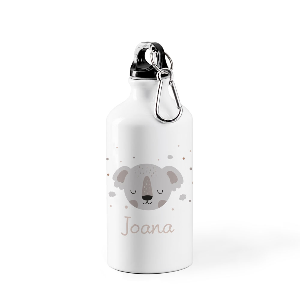Garrafa branca metálica com imagem de coala e nome Joana