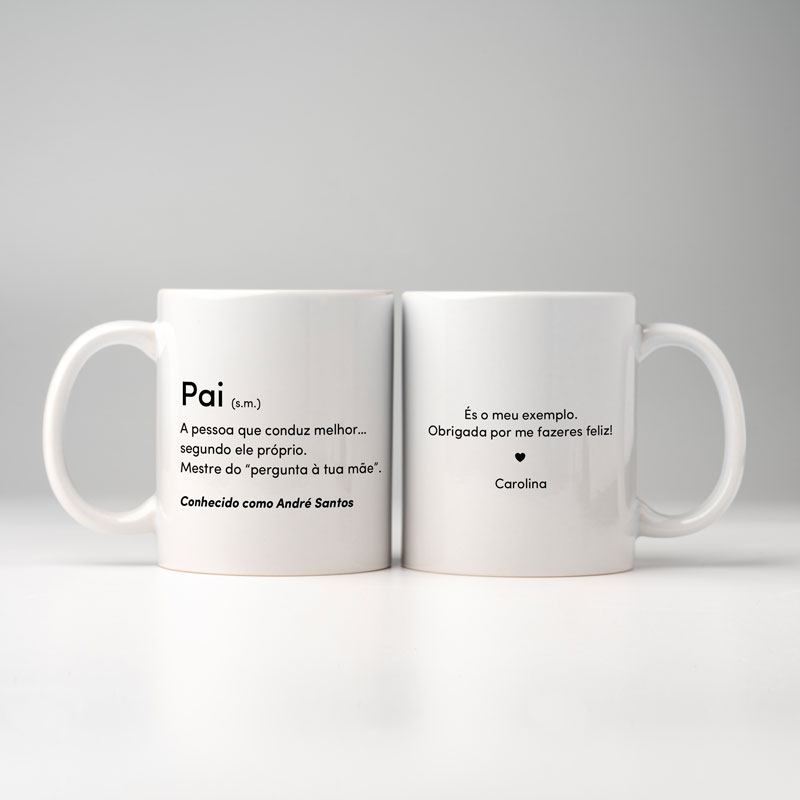 Duas canecas brancas com texto em português para pai