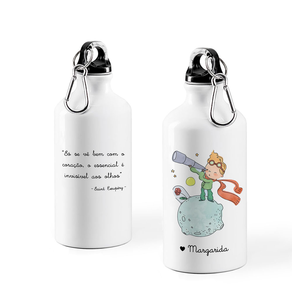Garrafa metálica branca com ilustração do Pequeno Príncipe e citação em português.