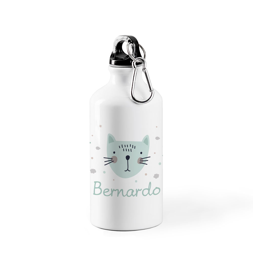 Garrafa de água branca com desenho de gato e texto Bernardo
