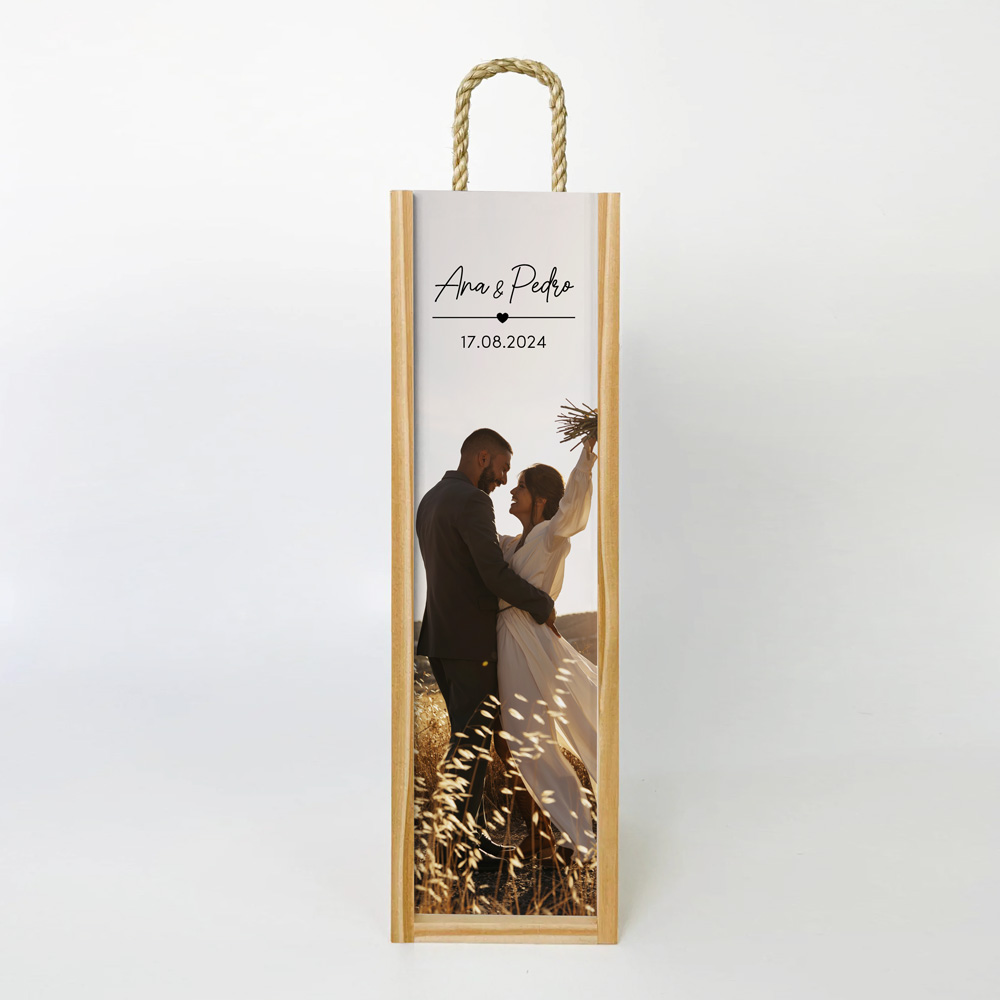Saco de presente para garrafa de vinho de madeira com foto e texto