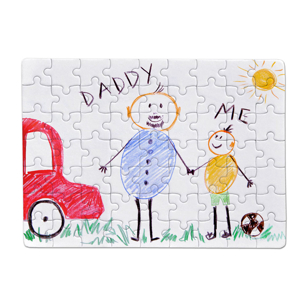 Puzzle infantil com desenho de pai e filho, carro vermelho, sol e bola na relva