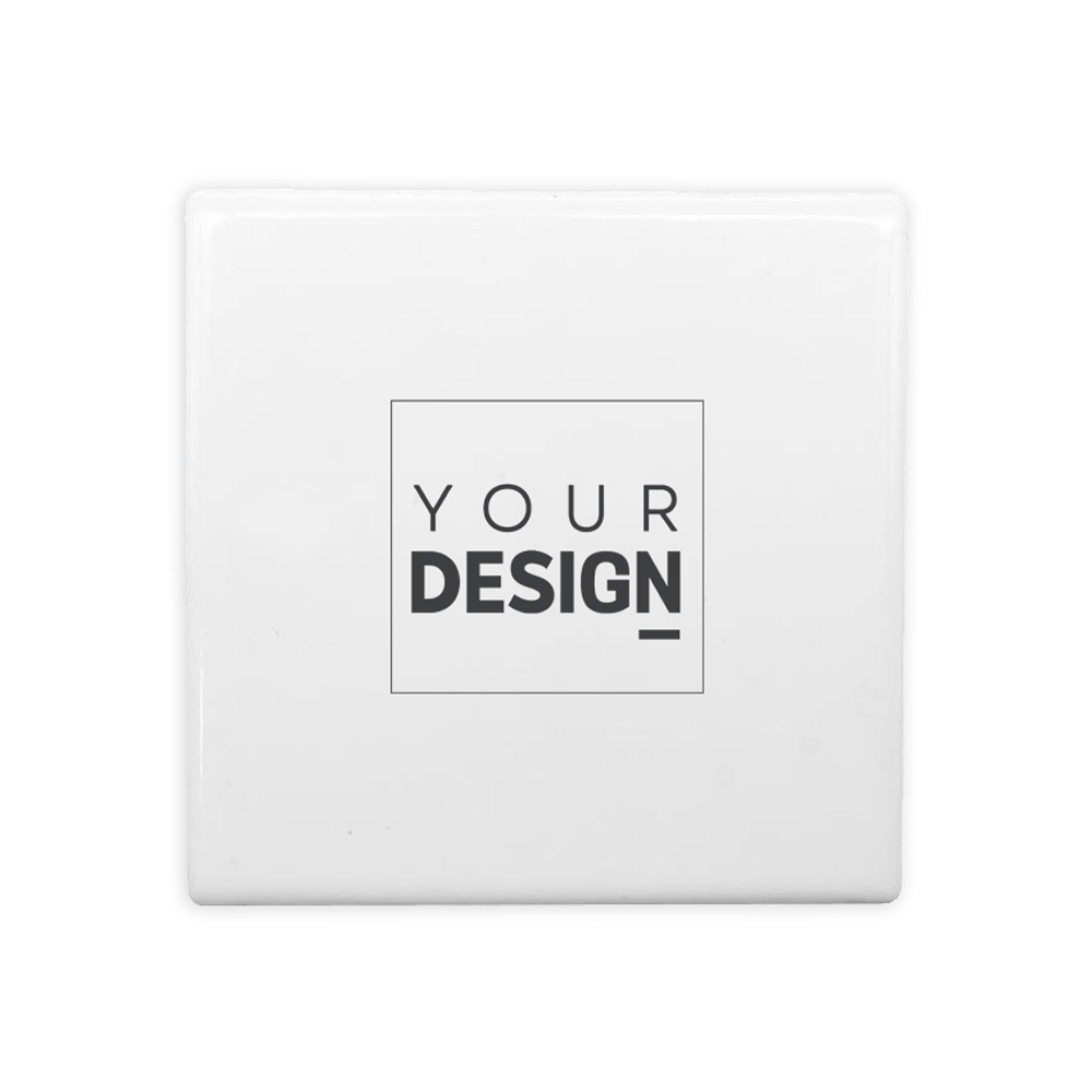 Azulejo quadrado branco com texto YOUR DESIGN preto no centro