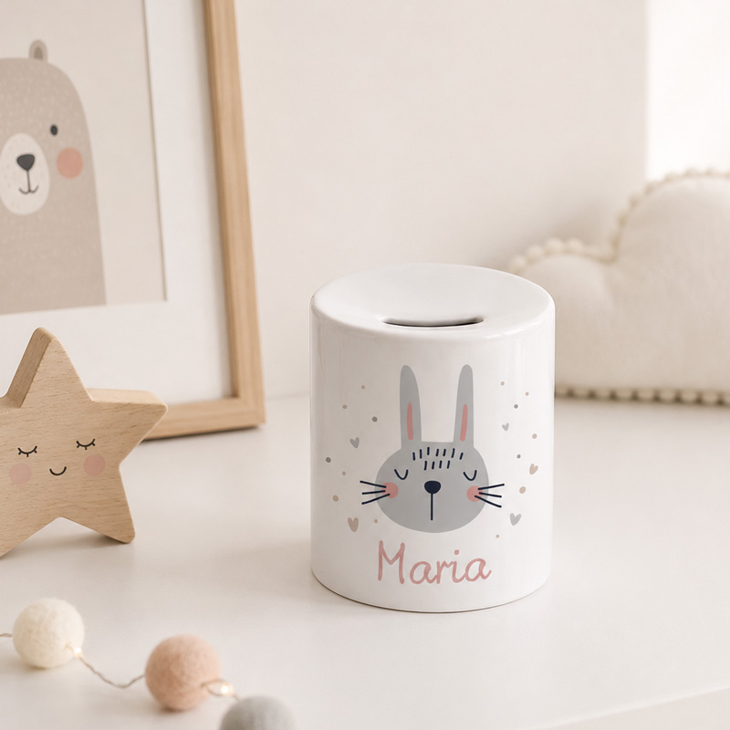 Mealheiro branco em cerâmica com desenho de coelho e nome Maria