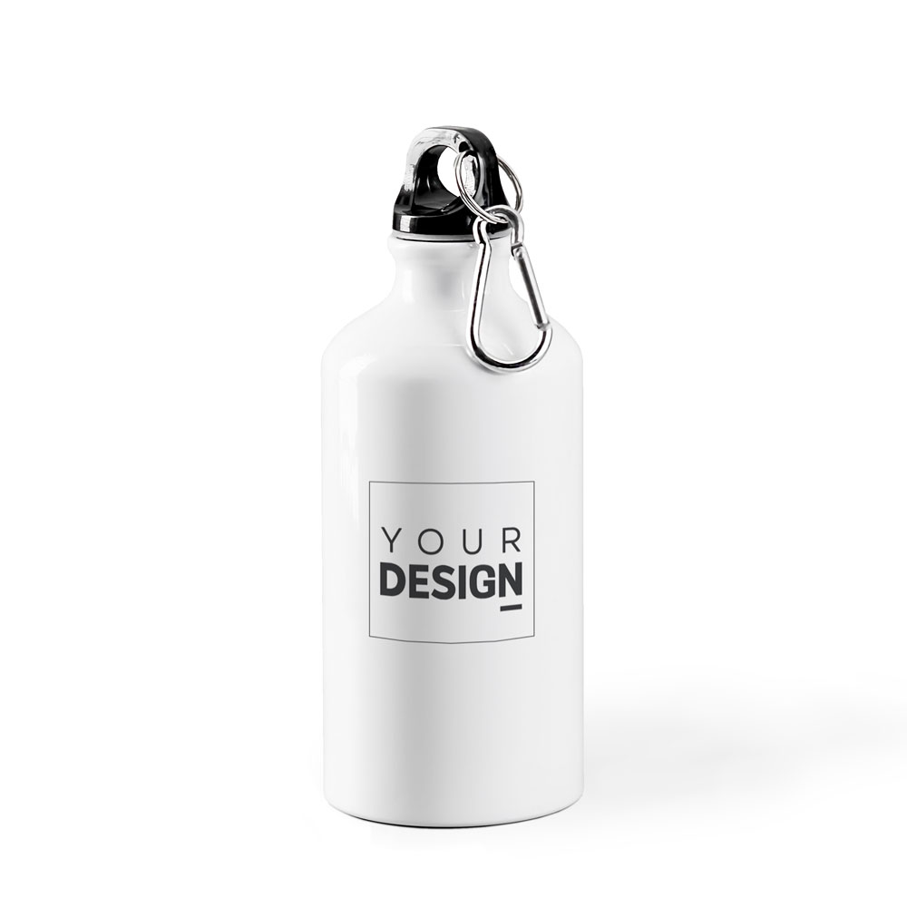 Garrafa de metal branca com texto YOUR DESIGN
