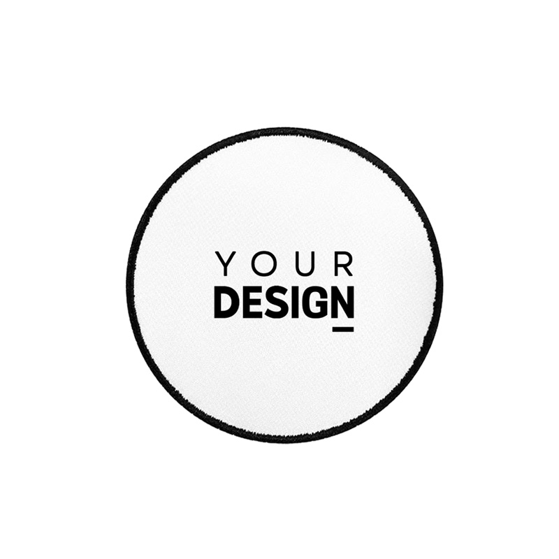 Emblema redondo branco com texto preto e borda preta