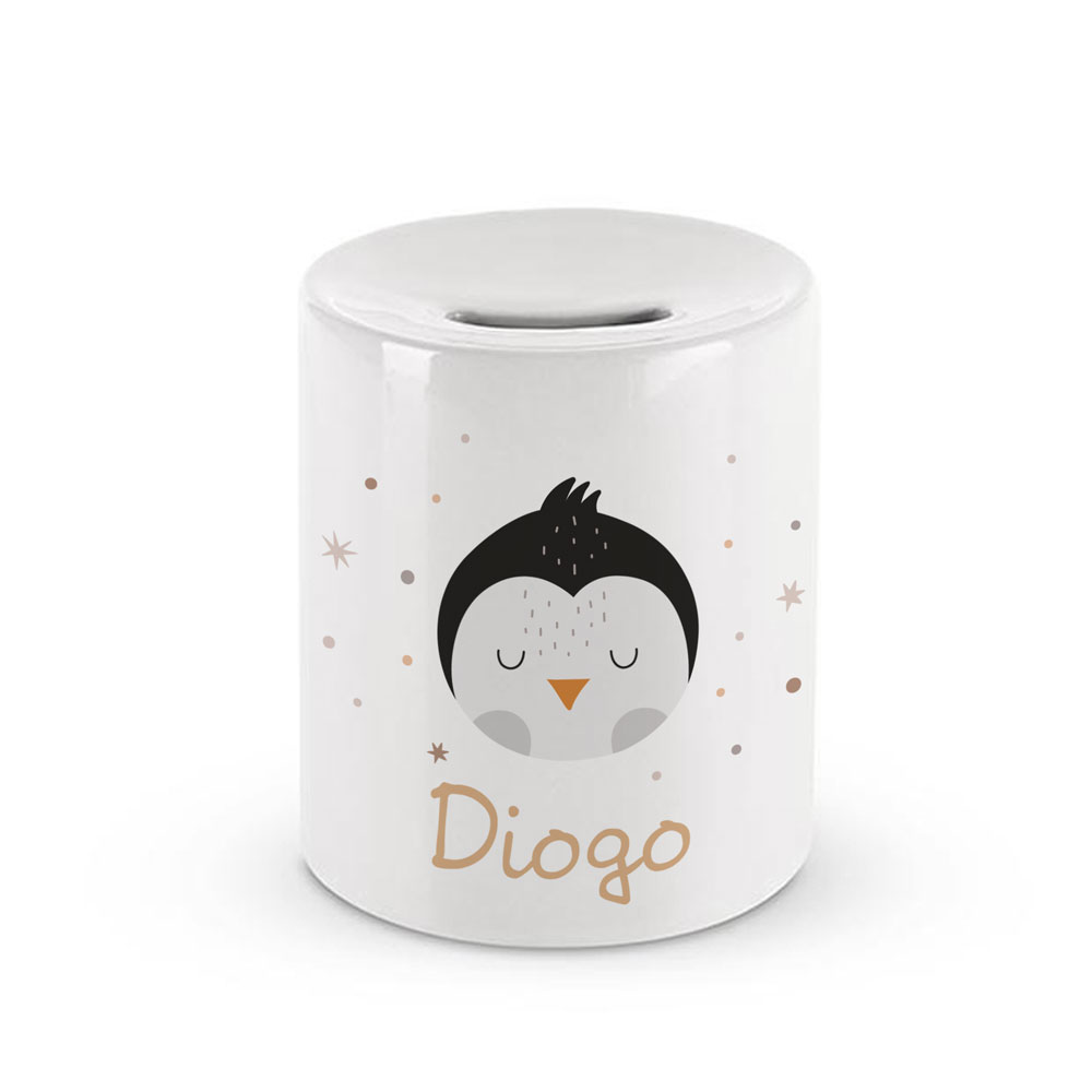 Mealheiro branco com ilustração de pinguim e nome Diogo