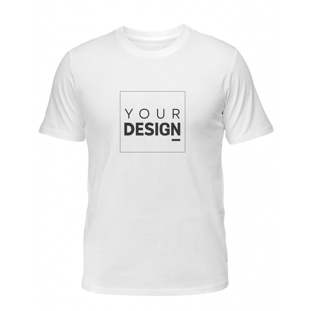 T-shirt branca unissexo com inscrição 'YOUR DESIGN' estampada ao centro