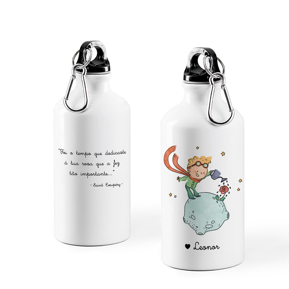 Garrafa de alumínio branca com ilustração do Principezinho e texto em português.
