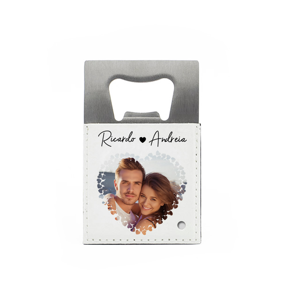 Abridor de garrafas com suporte branco e foto personalizada