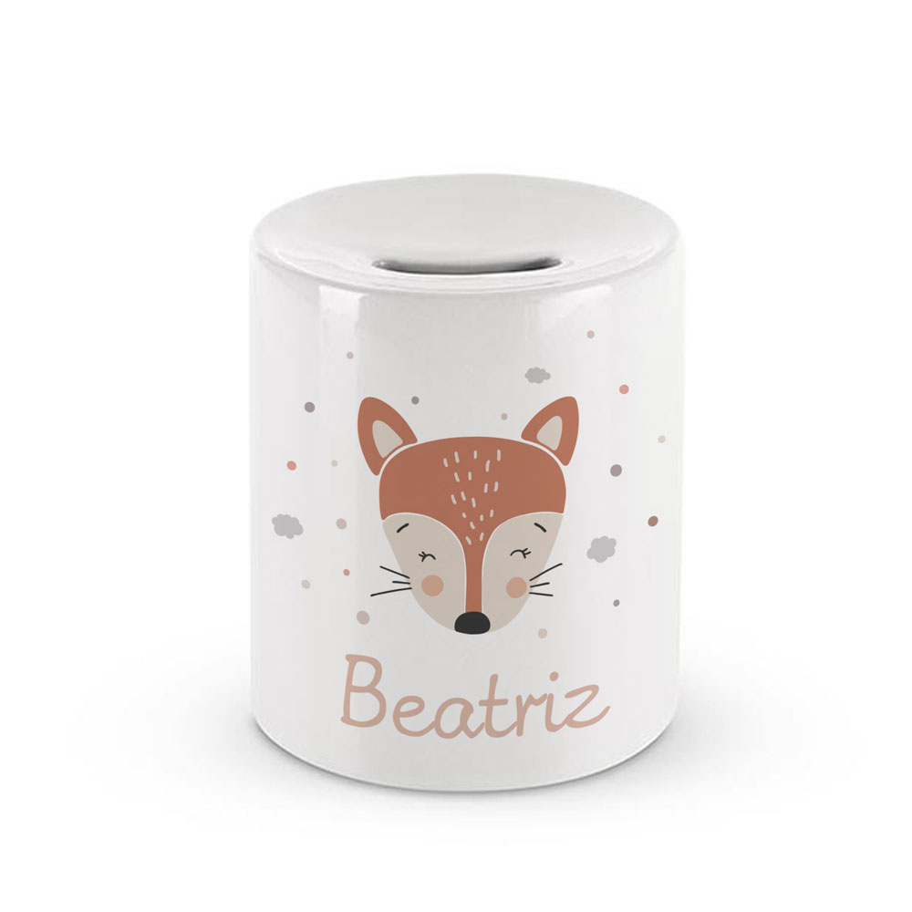 Cofre branco em cerâmica com raposa e nome Beatriz