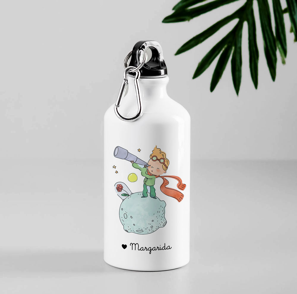 Garrafa desportiva branca com ilustração do pequeno príncipe e texto Margarida